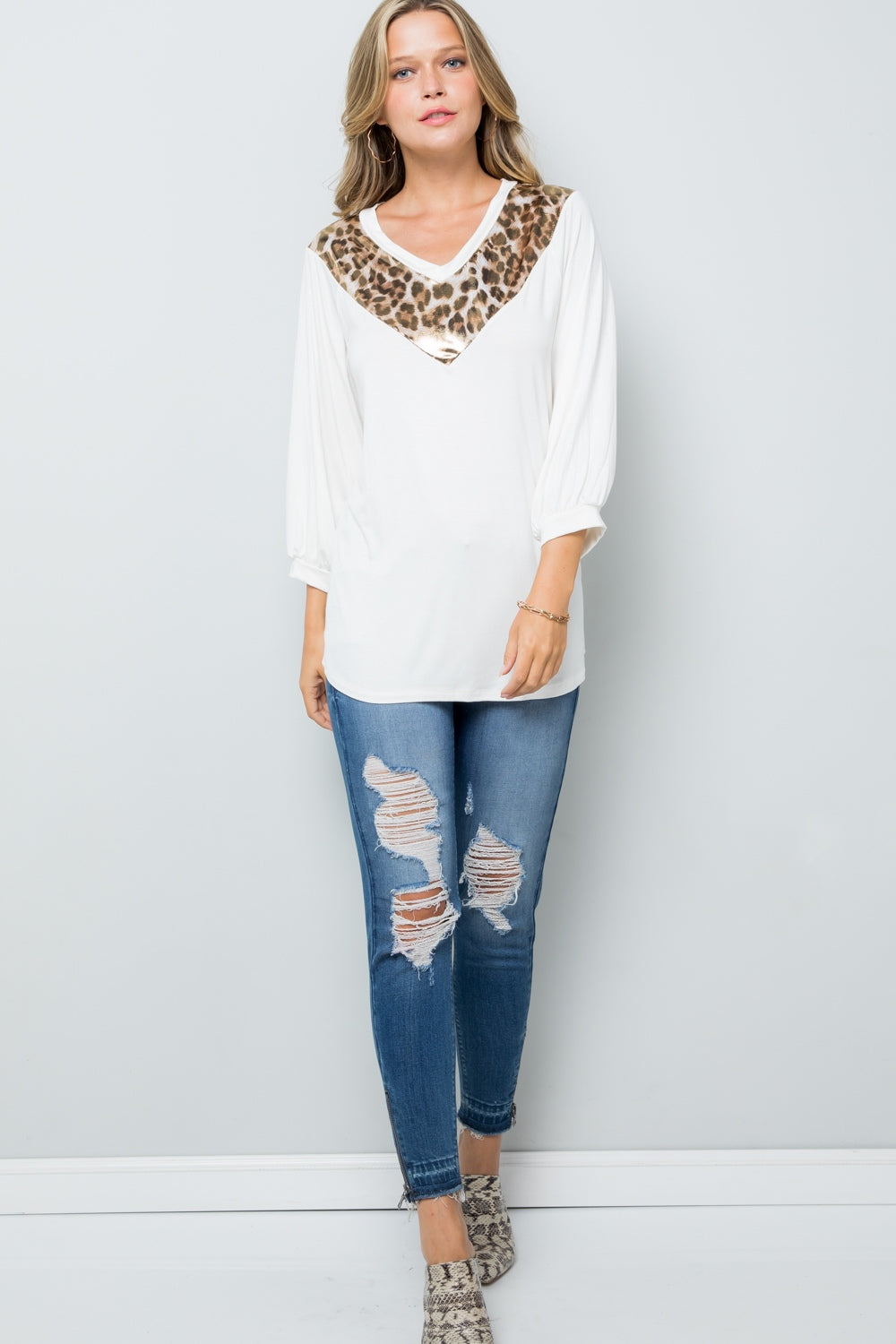 Celeste Full Size Leopard Contrast Balloon Sleeve Top - Affirmation Apparel Co.