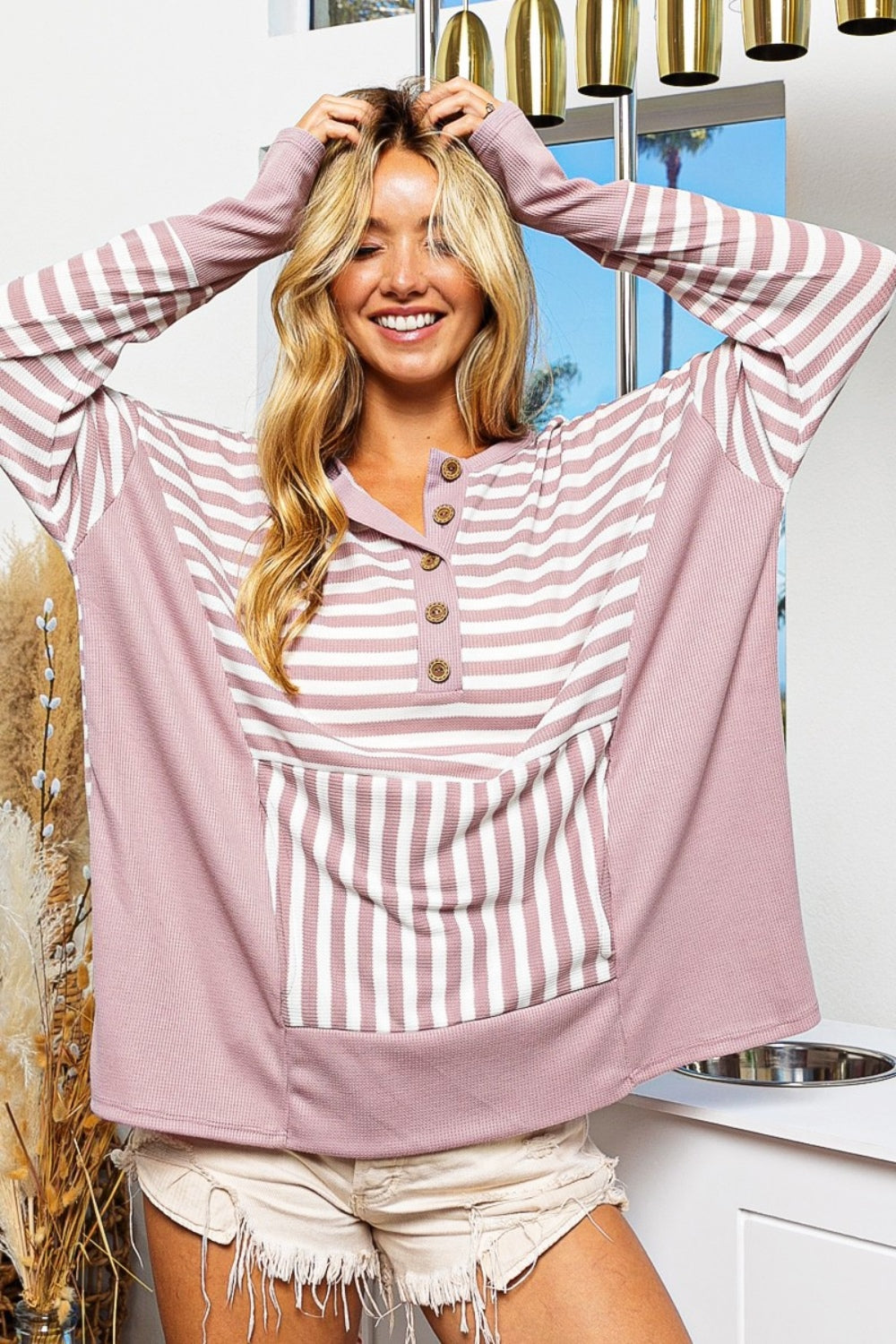 BiBi Striped Thumbhole Long Sleeve Top - Affirmation Apparel Co.