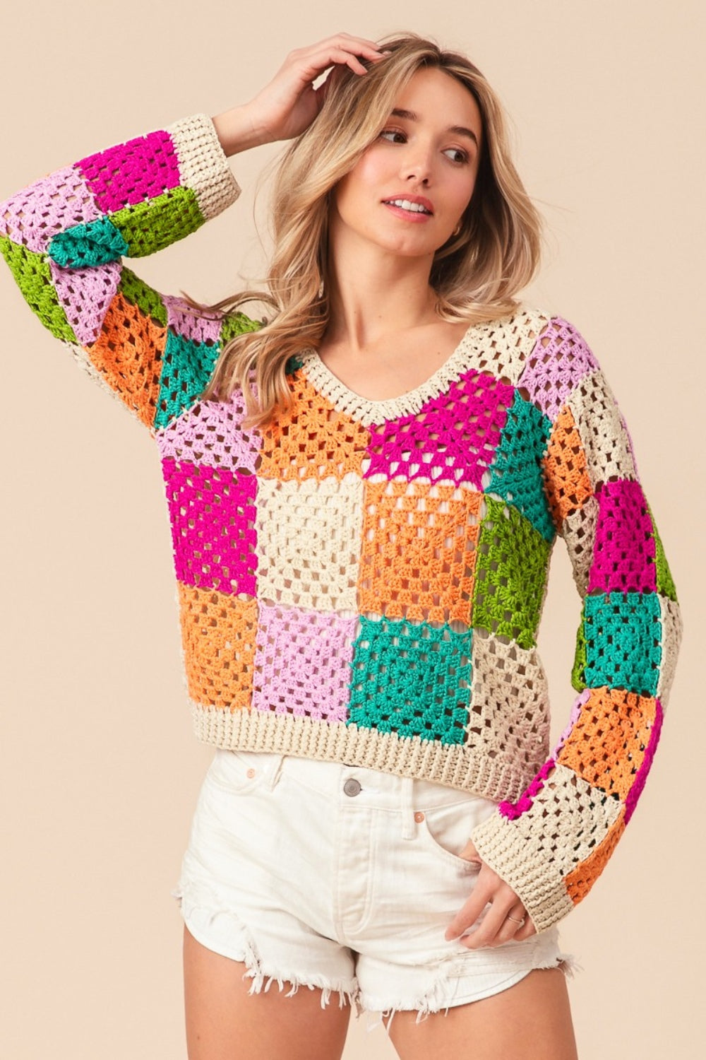 BiBi Multi Color Checkered Long Sleeve Knit Top - Affirmation Apparel Co.