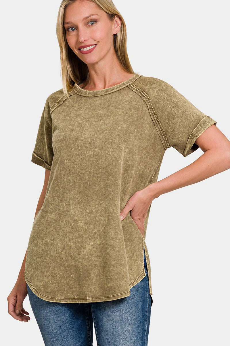 Zenana Heathered Round Neck Short Sleeve Top - Affirmation Apparel Co.