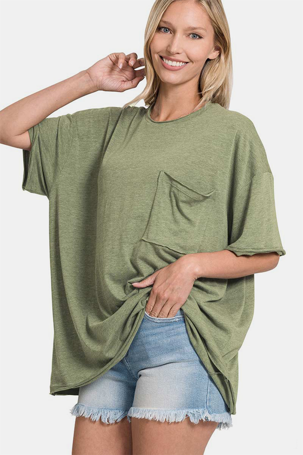 Zenana Drop Shoulder Oversized Front Pocket T-Shirt - Affirmation Apparel Co.