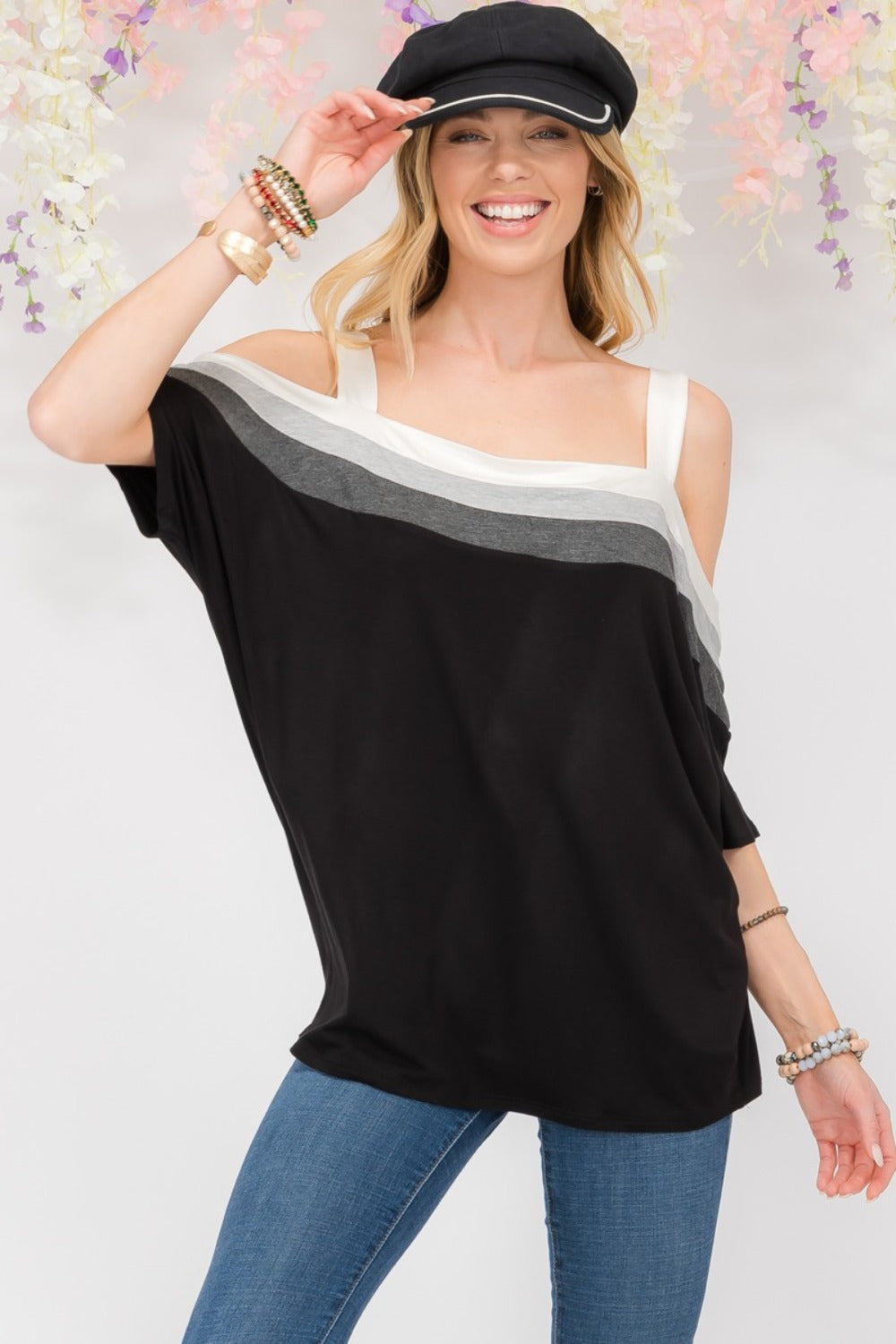 Celeste Full Size Striped Cold Shoulder Top - Affirmation Apparel Co.