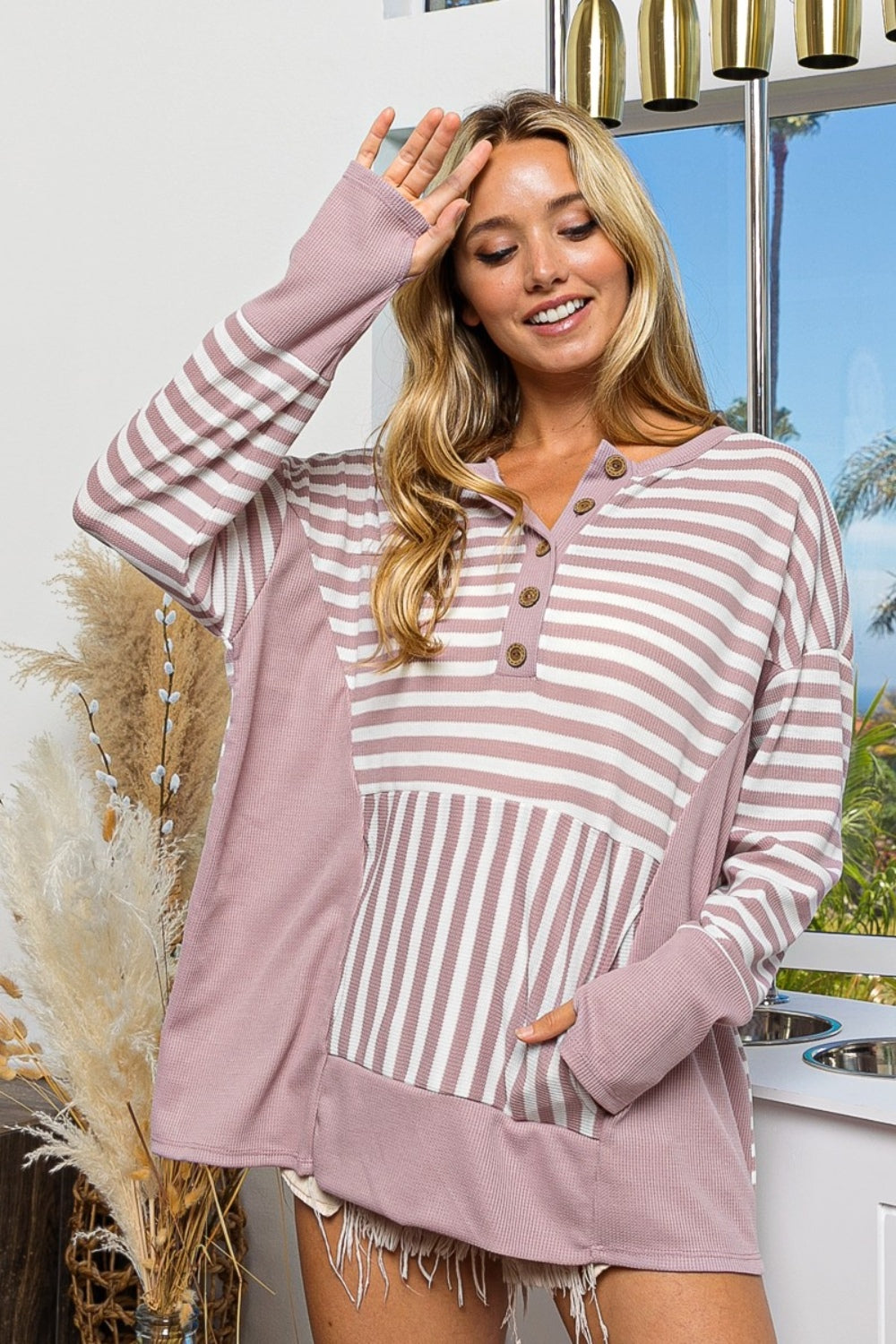 BiBi Striped Thumbhole Long Sleeve Top - Affirmation Apparel Co.