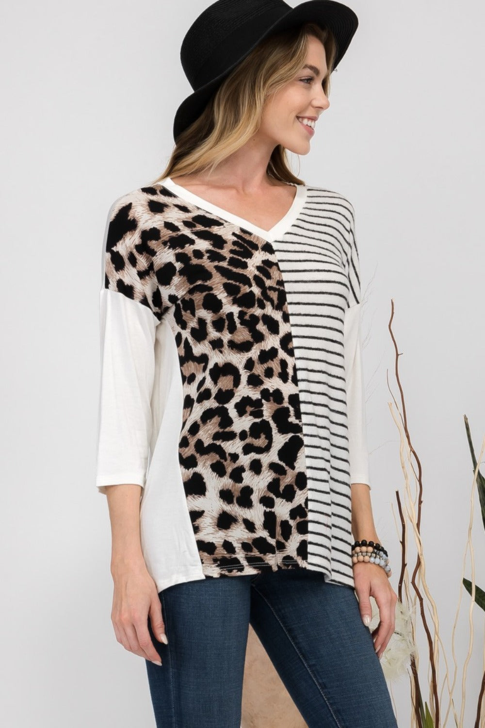 Celeste Full Size Front Leopard and Striped Print V-Neck T-Shirt - Affirmation Apparel Co.