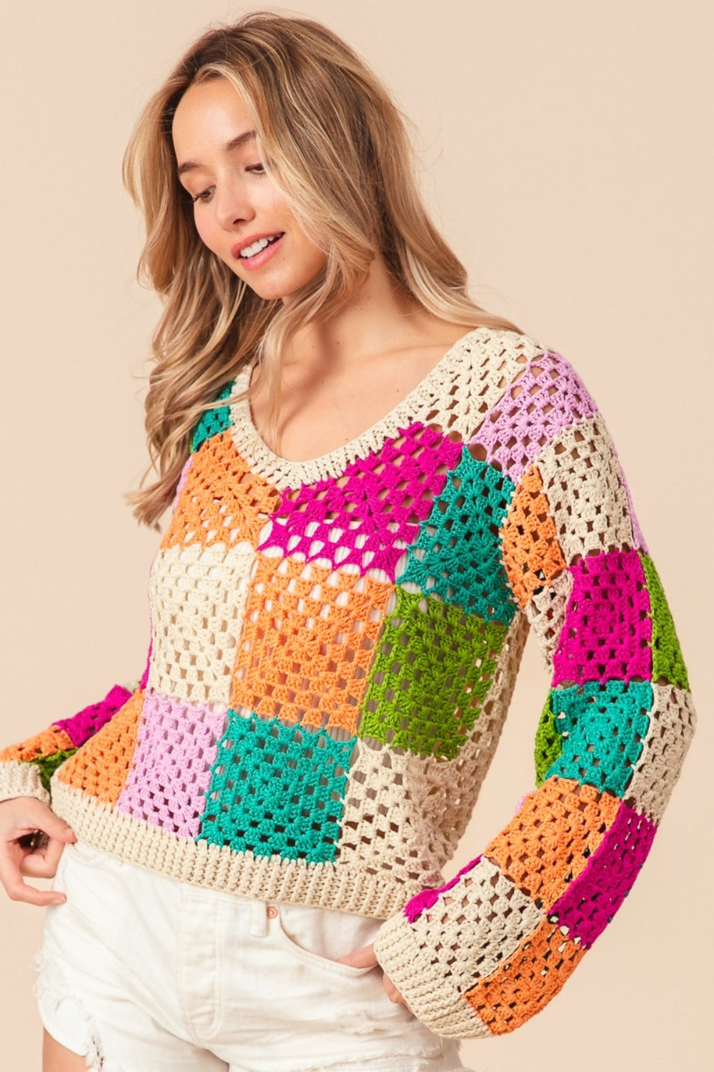 BiBi Multi Color Checkered Long Sleeve Knit Top - Affirmation Apparel Co.