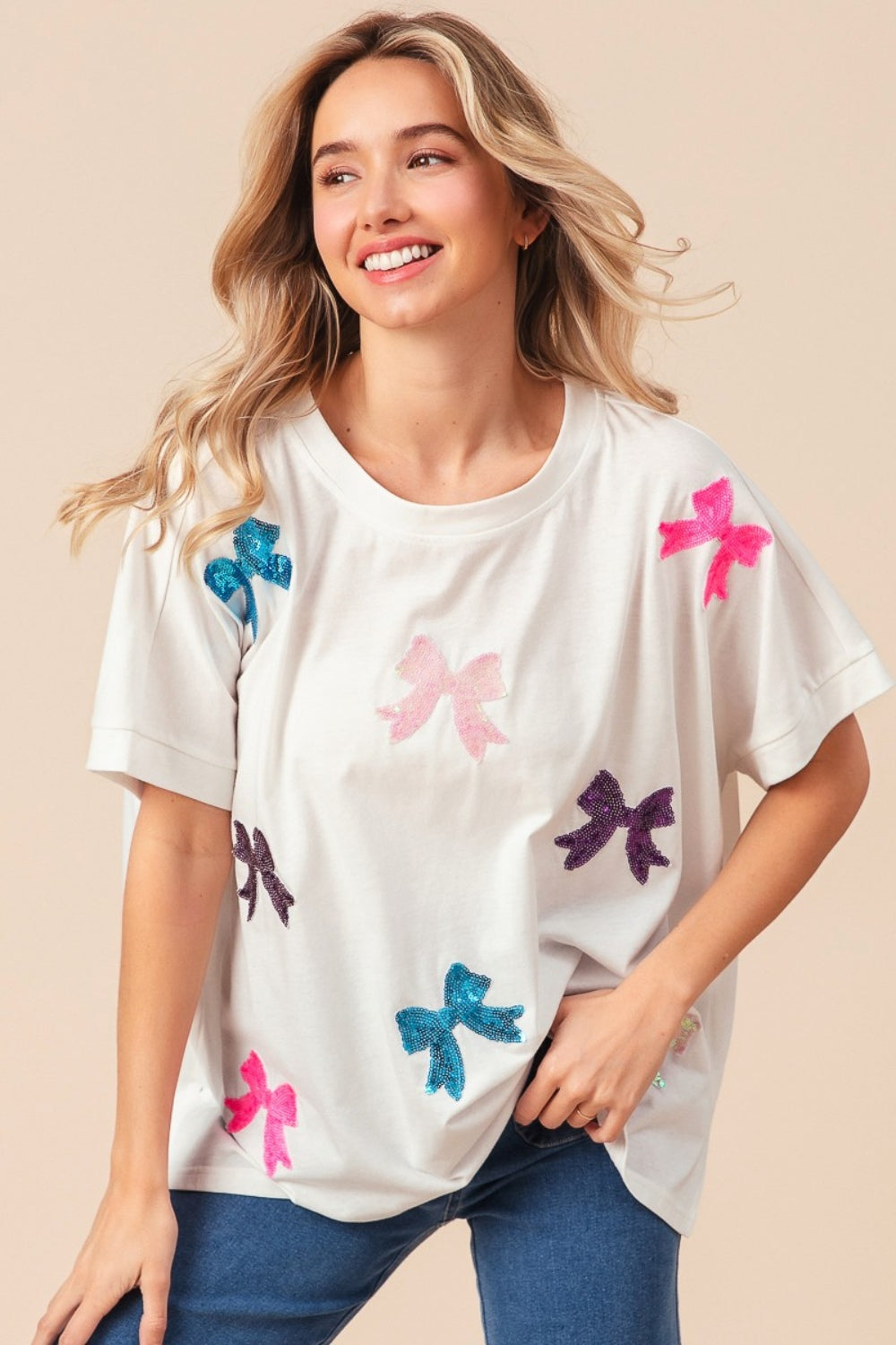 BiBi Sequin Bow Patch Short Sleeve T-Shirt - Affirmation Apparel Co.