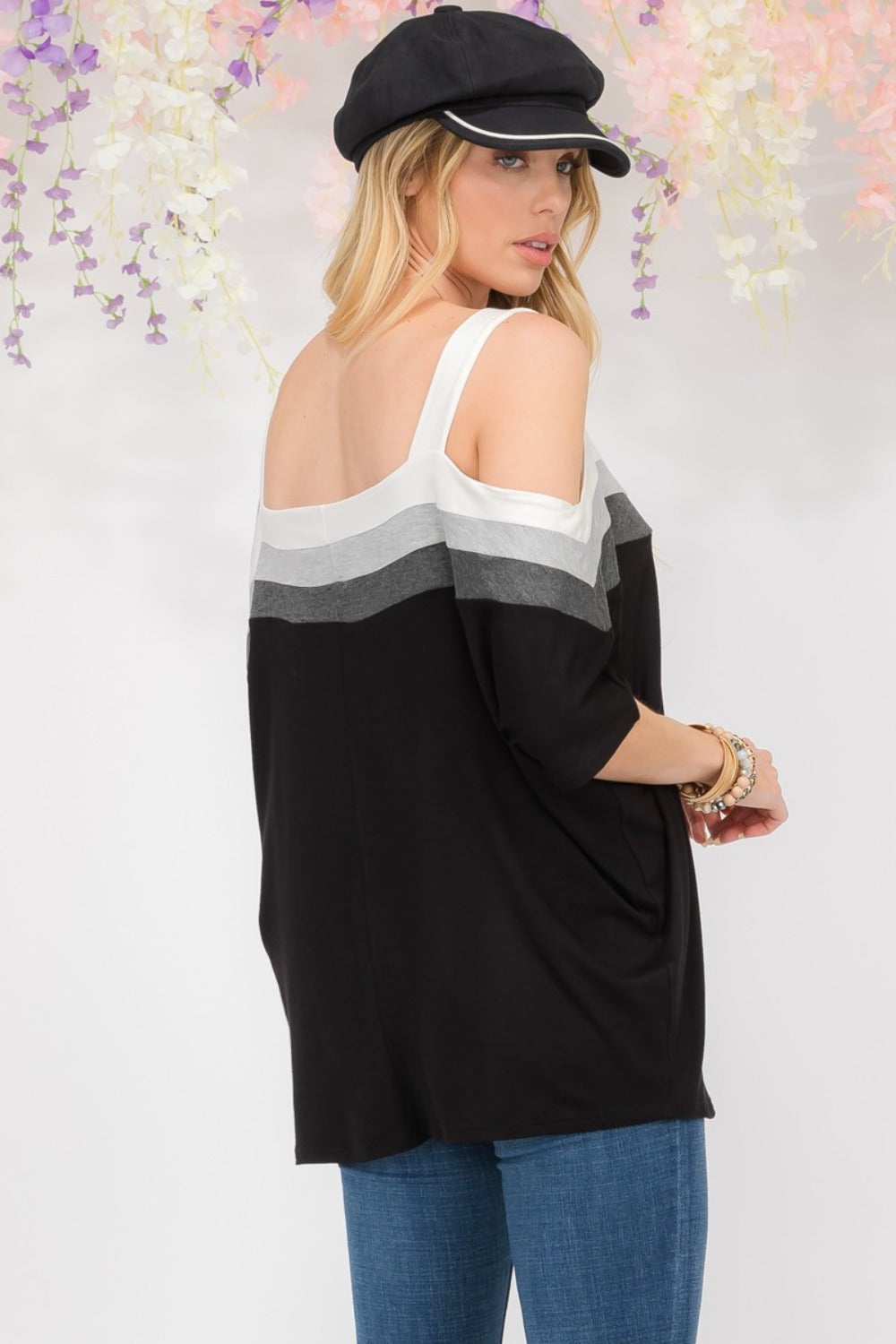 Celeste Full Size Striped Cold Shoulder Top - Affirmation Apparel Co.