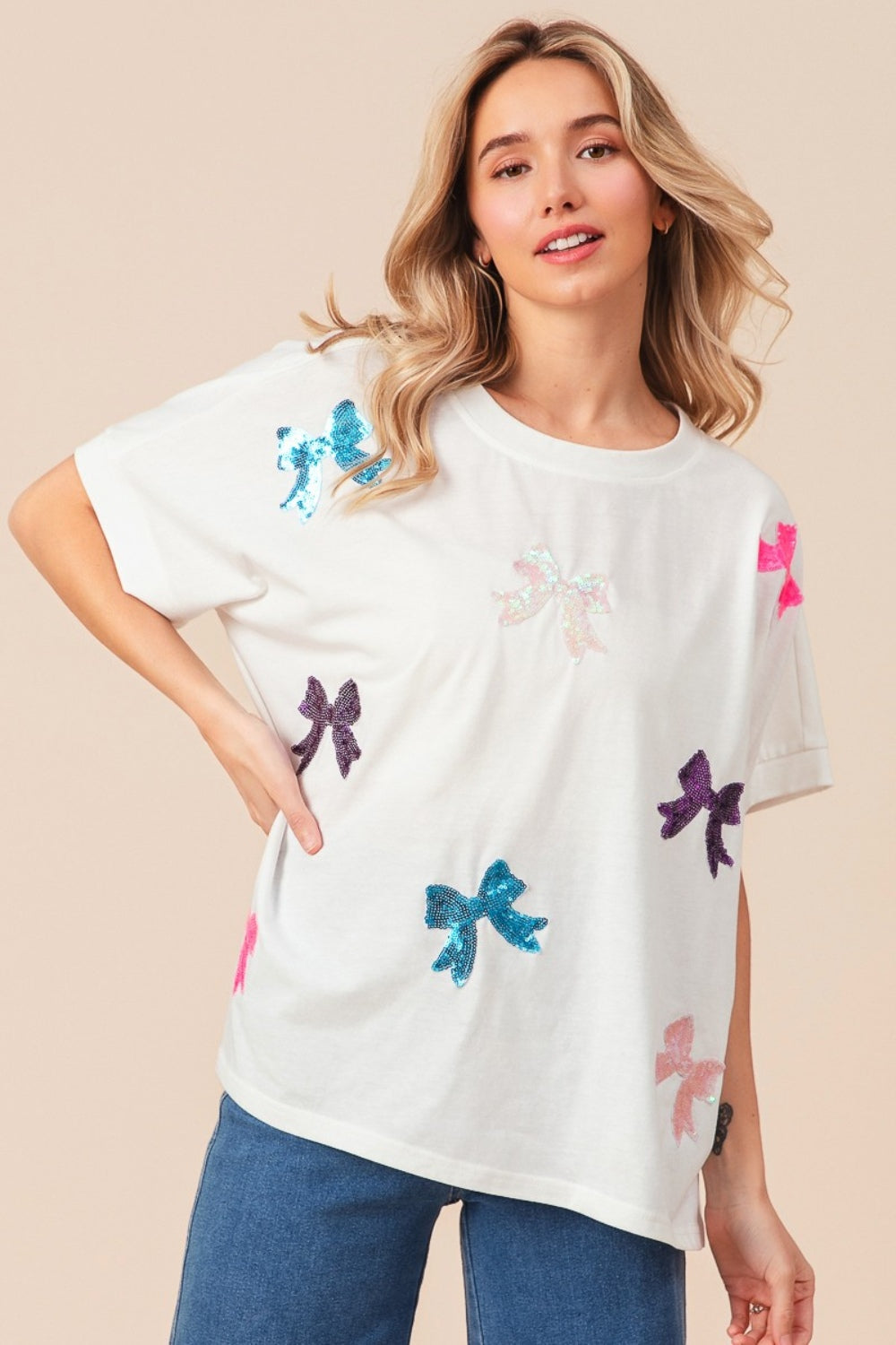 BiBi Sequin Bow Patch Short Sleeve T-Shirt - Affirmation Apparel Co.