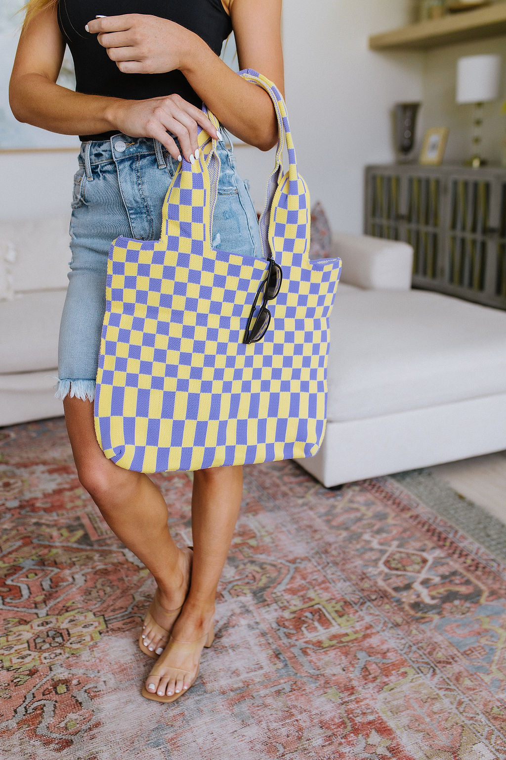 Checkerboard Lazy Wind Big Bag in Lilac & Yellow - Affirmation Apparel Co.