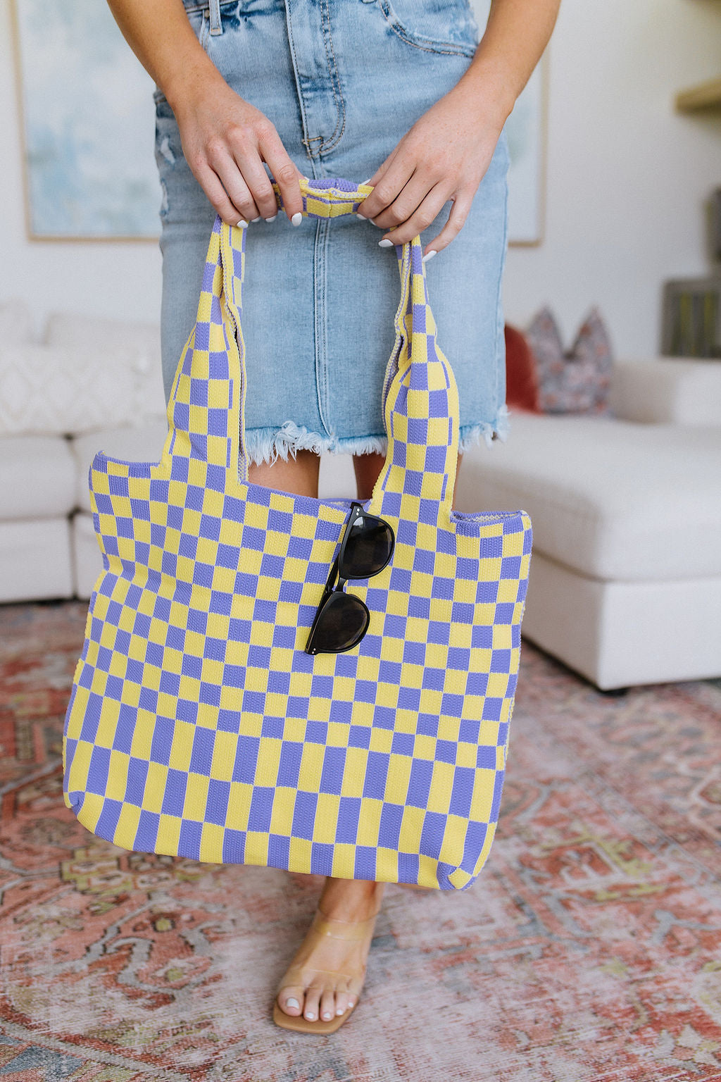 Checkerboard Lazy Wind Big Bag in Lilac & Yellow - Affirmation Apparel Co.