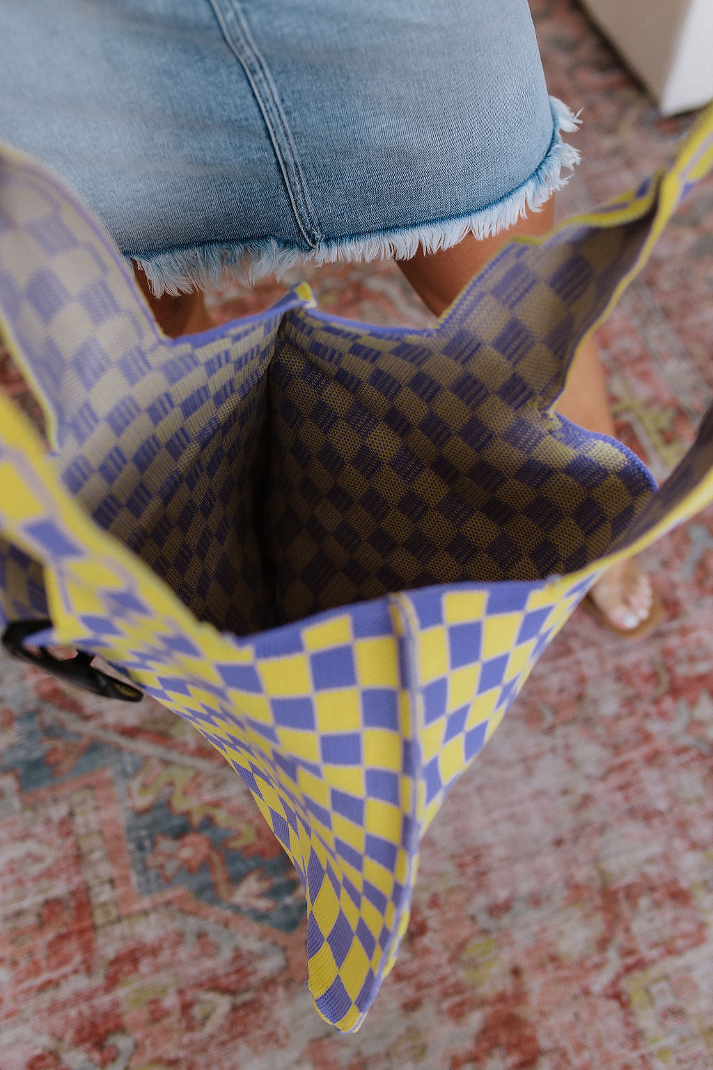 Checkerboard Lazy Wind Big Bag in Lilac & Yellow - Affirmation Apparel Co.