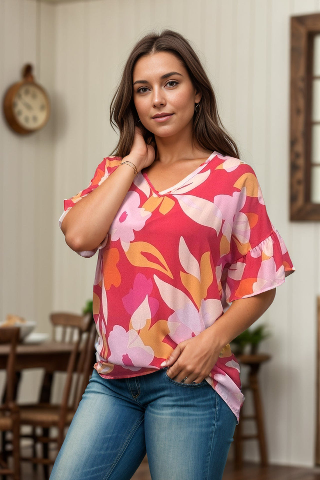 Floral In Coral - Ruffle Sleeve - Affirmation Apparel Co.