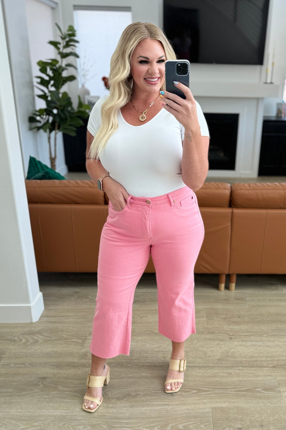 Lisa High Rise Control Top Wide Leg Crop Jeans in Pink - Affirmation Apparel Co.