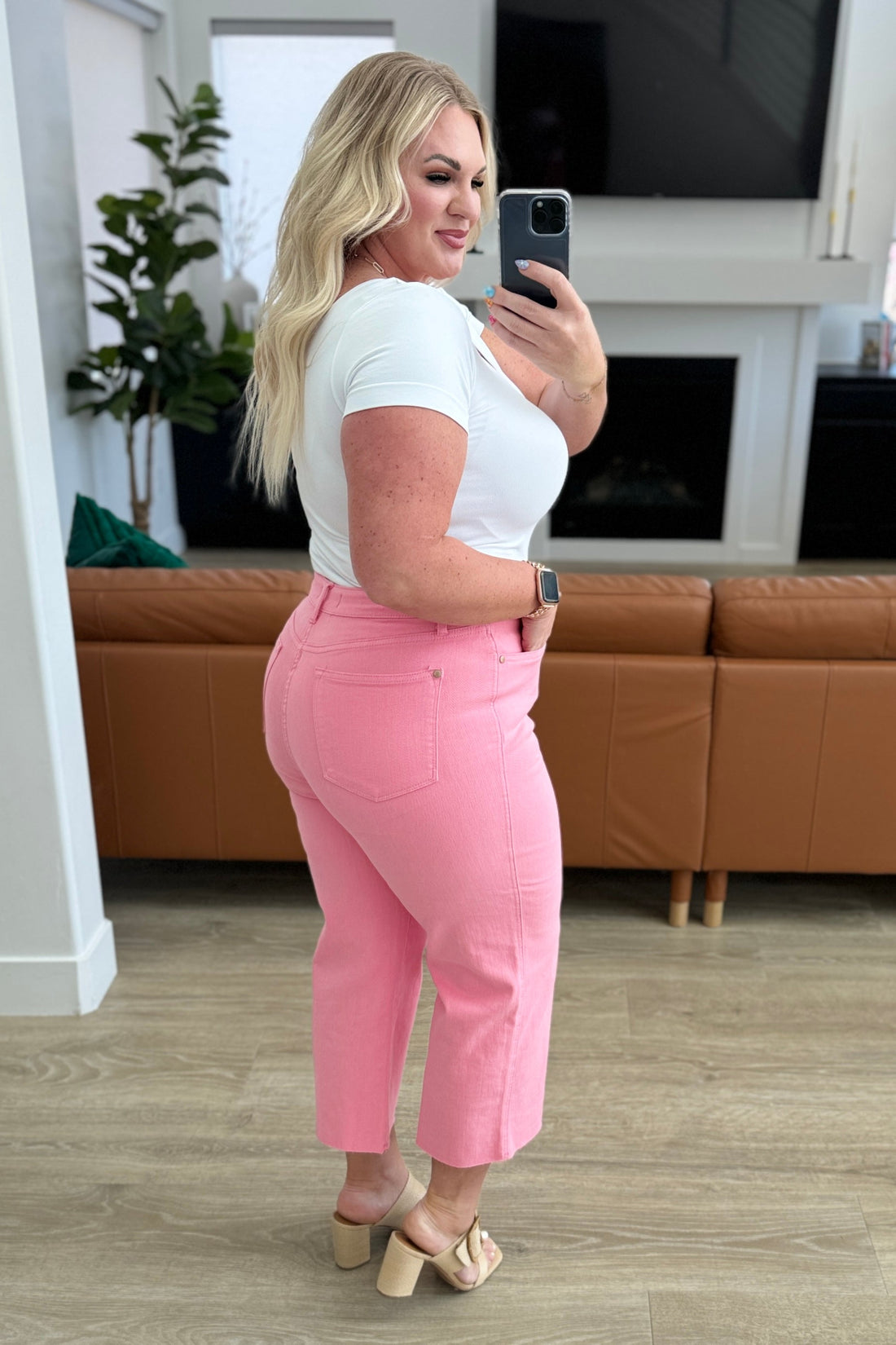 Lisa High Rise Control Top Wide Leg Crop Jeans in Pink - Affirmation Apparel Co.