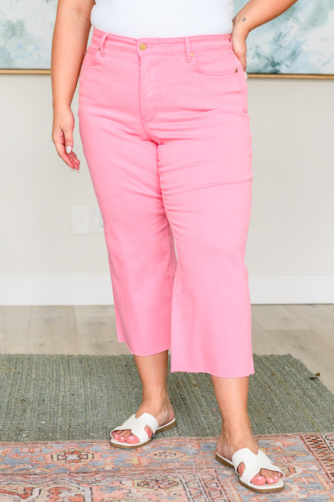 Lisa High Rise Control Top Wide Leg Crop Jeans in Pink - Affirmation Apparel Co.