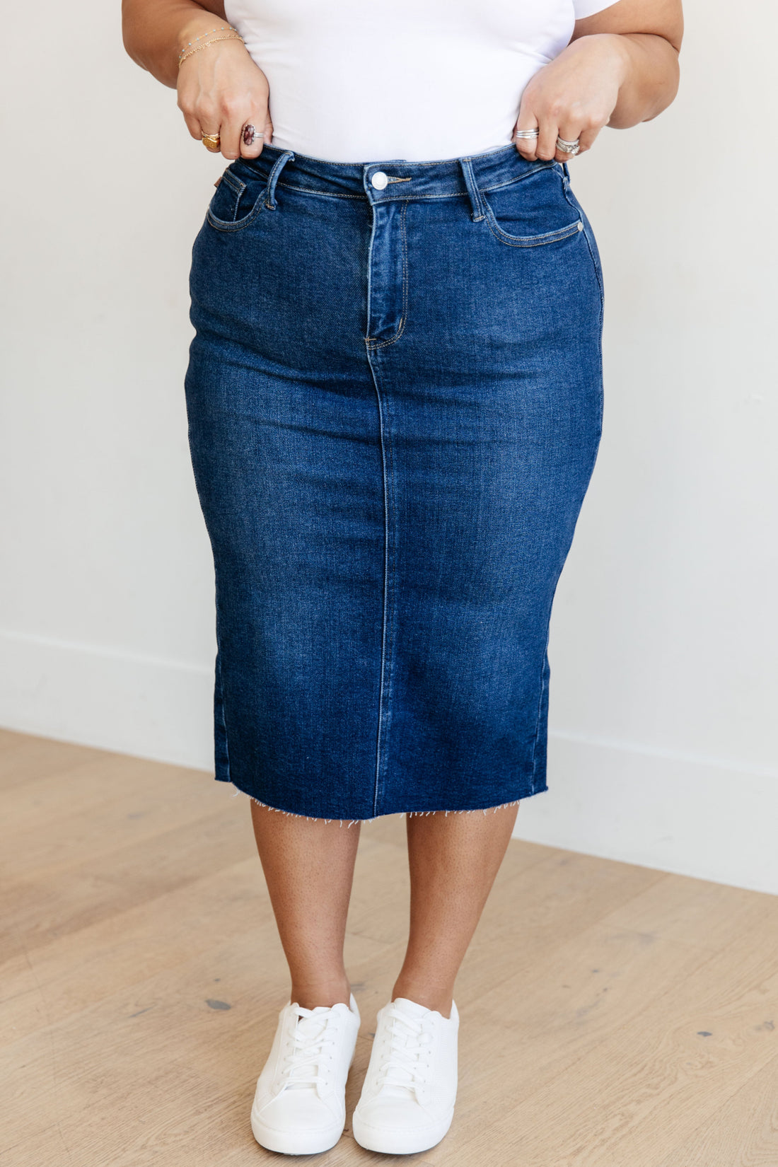 Marcy High Rise Denim Midi Skirt - Affirmation Apparel Co.