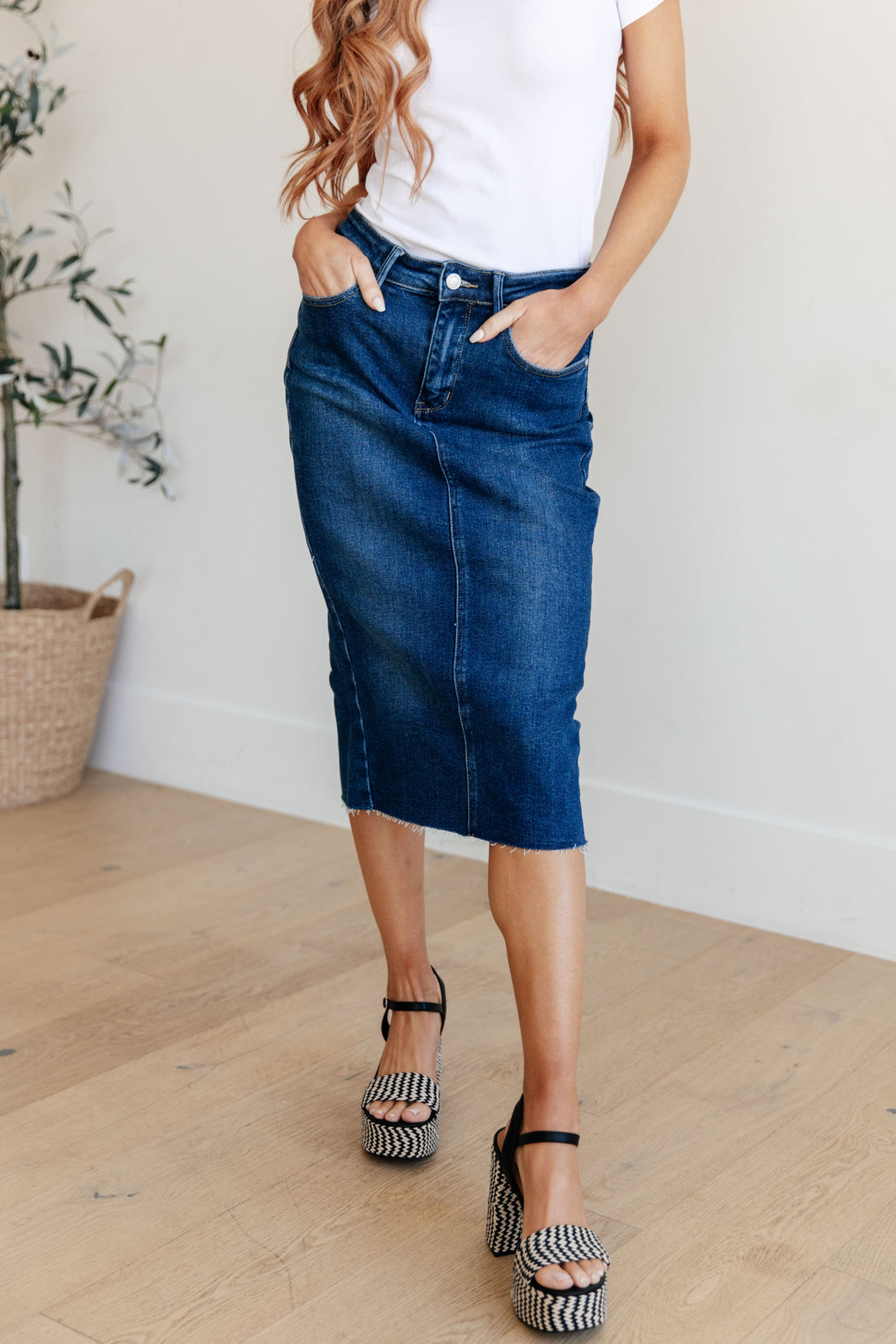 Marcy High Rise Denim Midi Skirt - Affirmation Apparel Co.