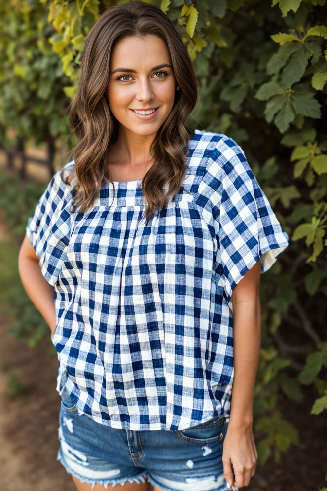 Navy Plaid Short Sleeve Top - Affirmation Apparel Co.