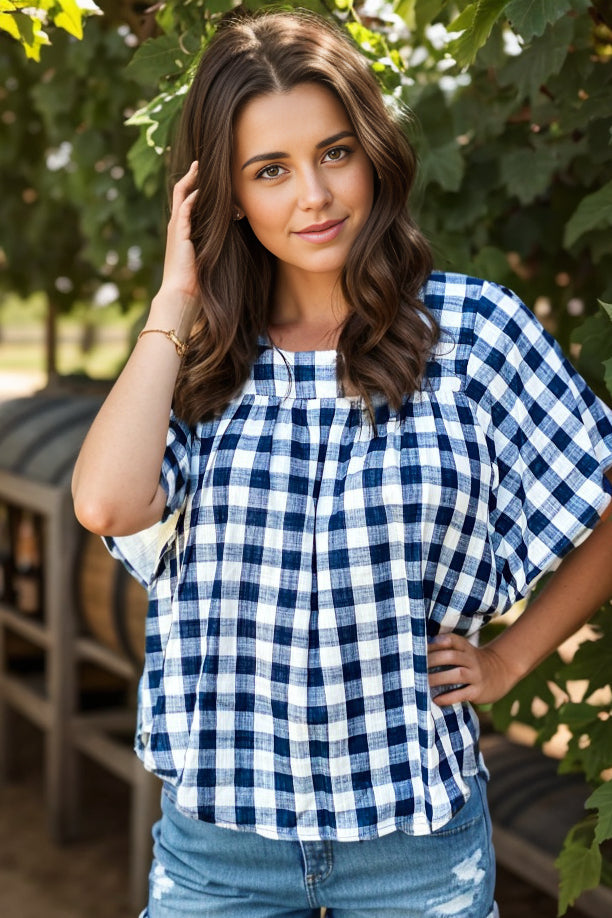 Navy Plaid Short Sleeve Top - Affirmation Apparel Co.