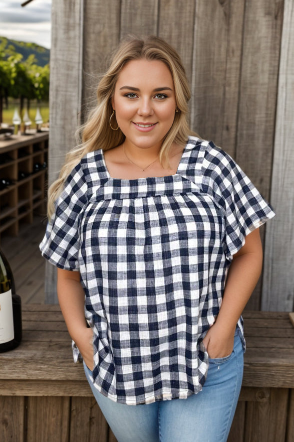 Navy Plaid Short Sleeve Top - Affirmation Apparel Co.