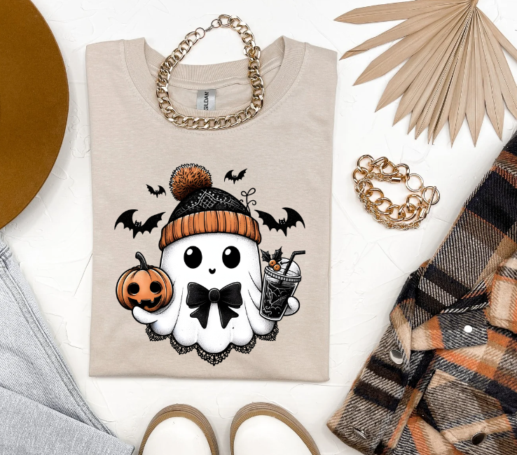 Cute Ghost - Bow and Coffee - Halloween Graphic Tee - Affirmation Apparel Co.