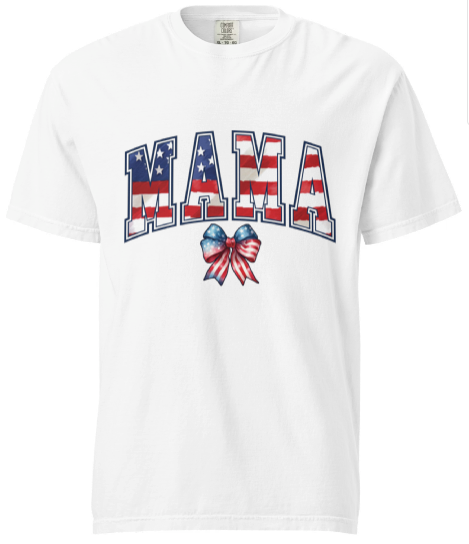 Stylish 'Mama' T-Shirt: Patriotic Stars & Stripes with Red, White, and Blue Ribbon Accent! - Affirmation Apparel Co.