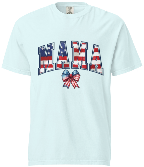 Stylish 'Mama' T-Shirt: Patriotic Stars & Stripes with Red, White, and Blue Ribbon Accent! - Affirmation Apparel Co.