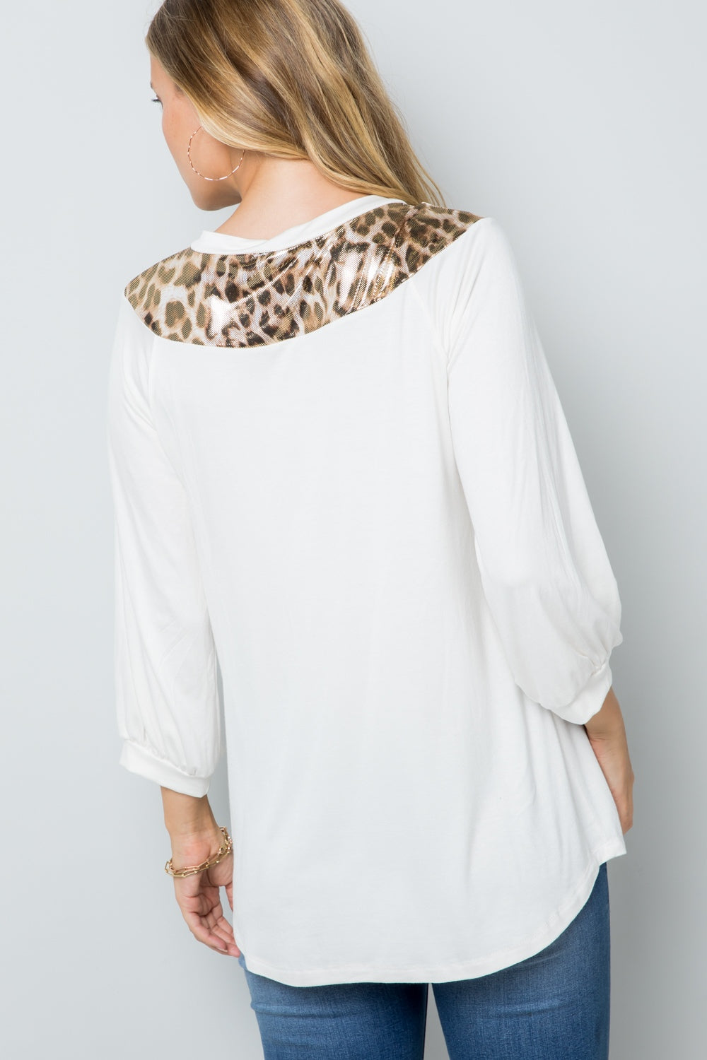 Celeste Full Size Leopard Contrast Balloon Sleeve Top - Affirmation Apparel Co.