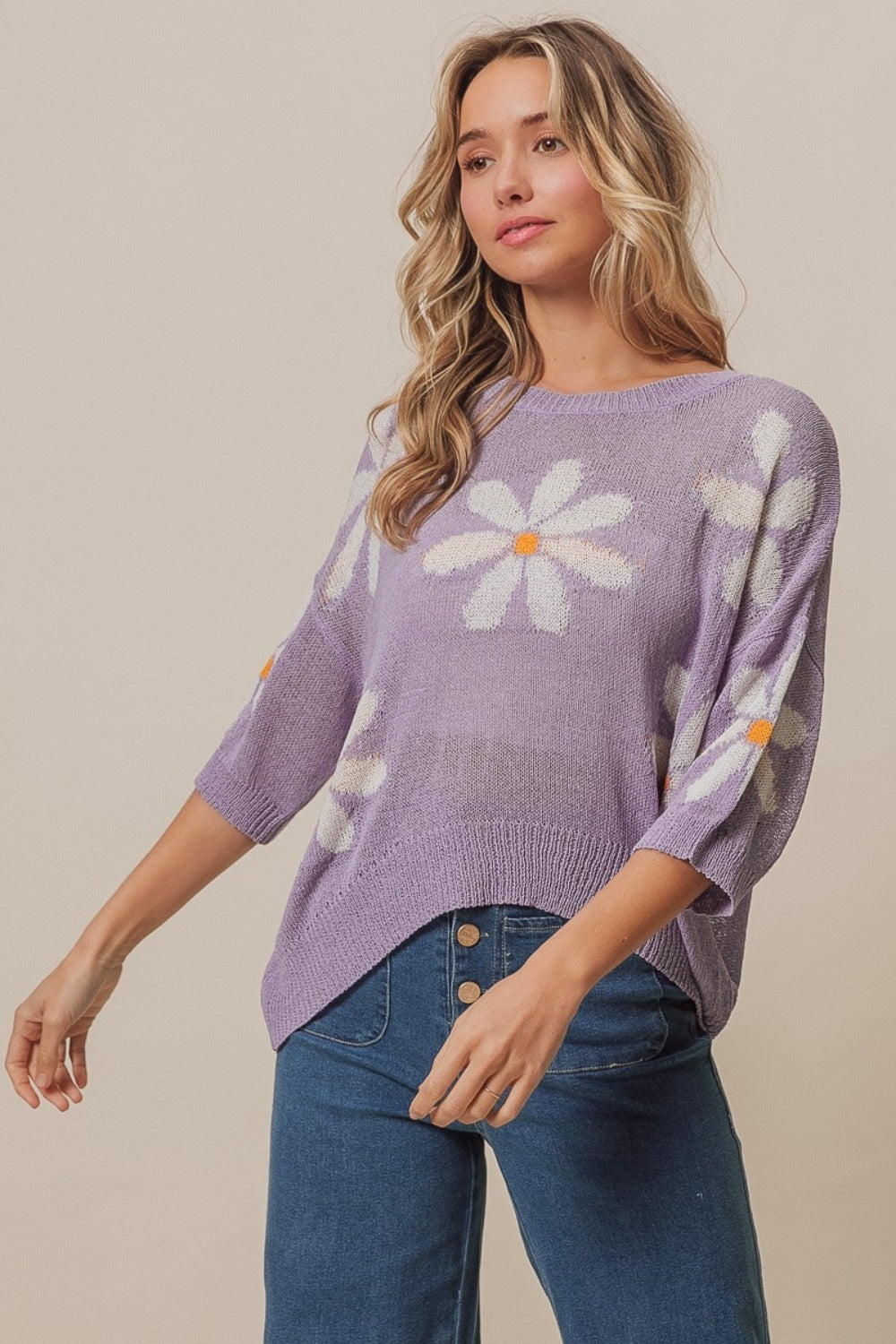 BiBi Floral Pattern Slit Sweater - Affirmation Apparel Co.