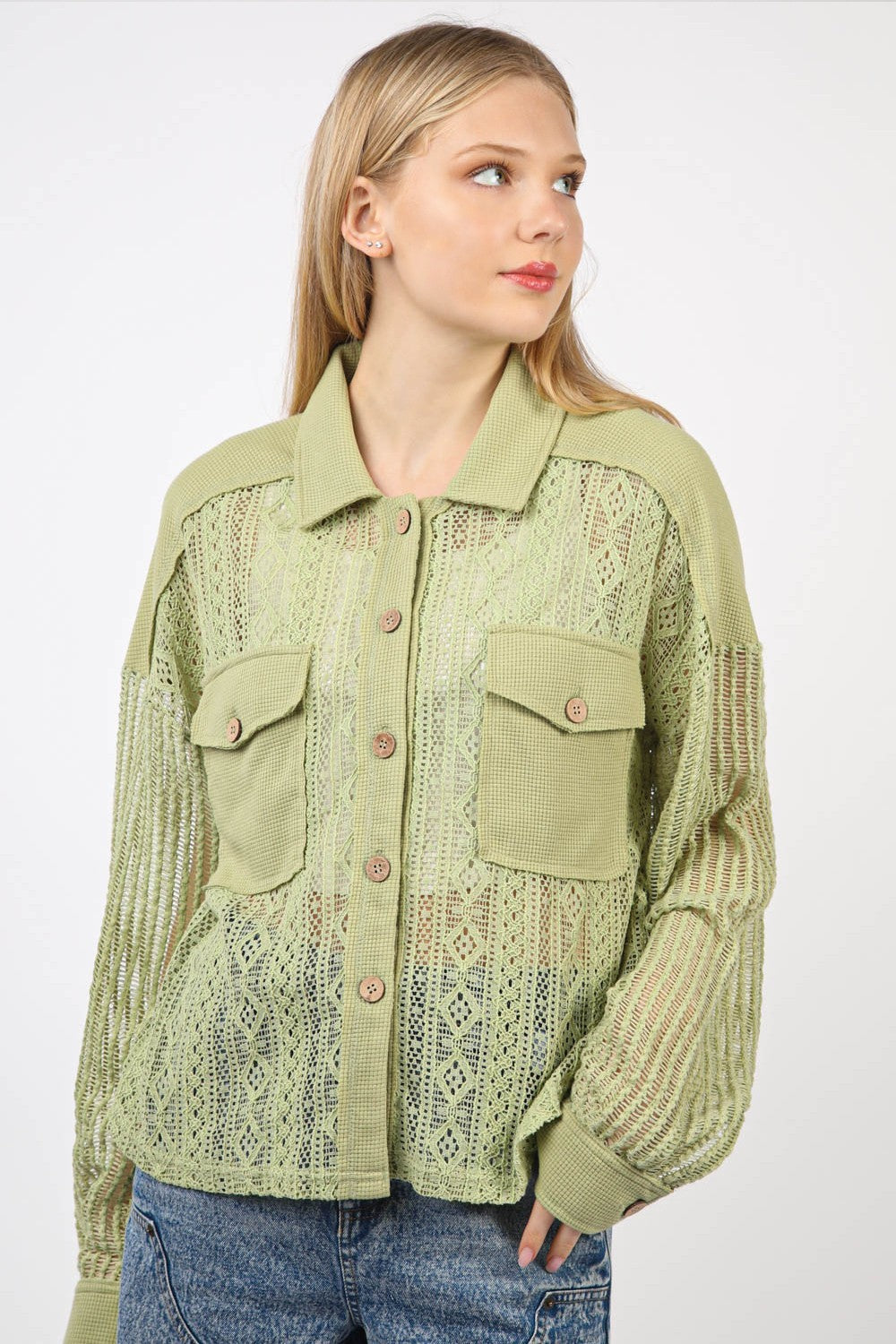 VERY J Button Up Long Sleeve Lace Shirt - Affirmation Apparel Co.