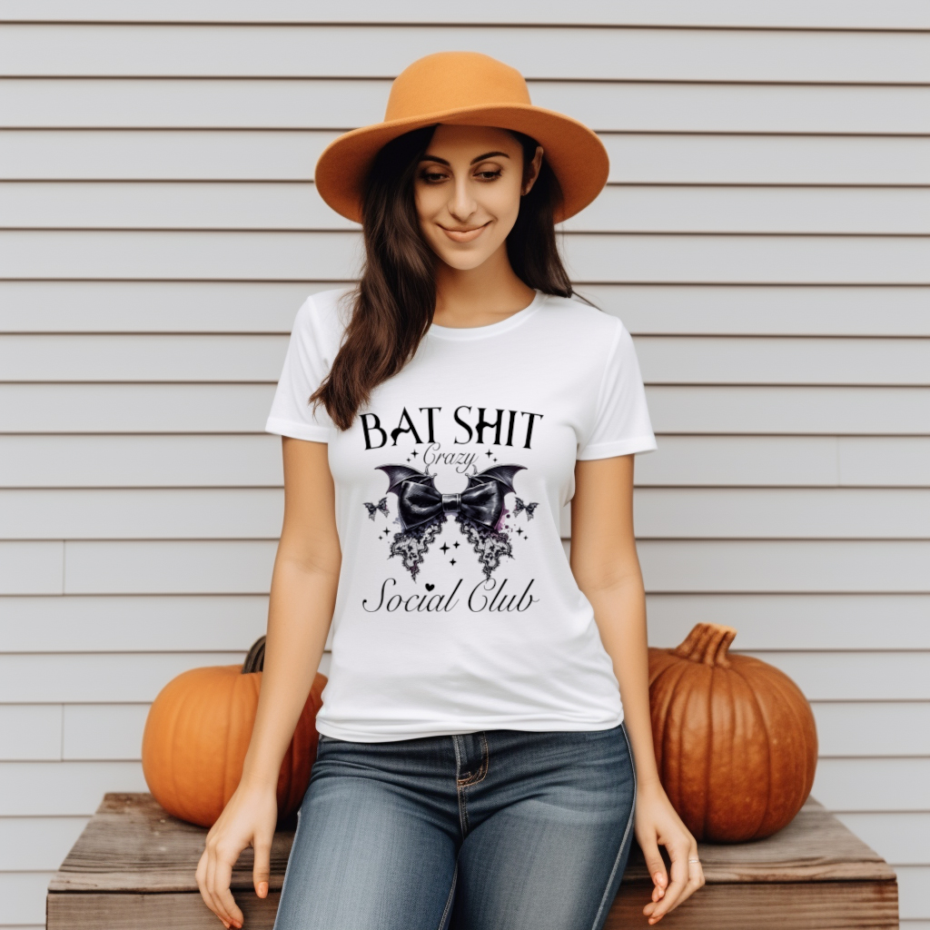 Bat Shit Crazy Social Club - Coquette Bat Halloween Graphic Tee - Affirmation Apparel Co.