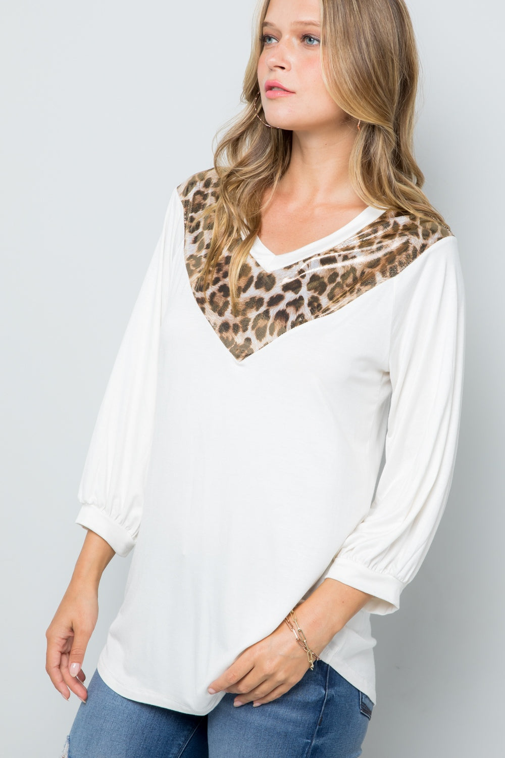 Celeste Full Size Leopard Contrast Balloon Sleeve Top - Affirmation Apparel Co.