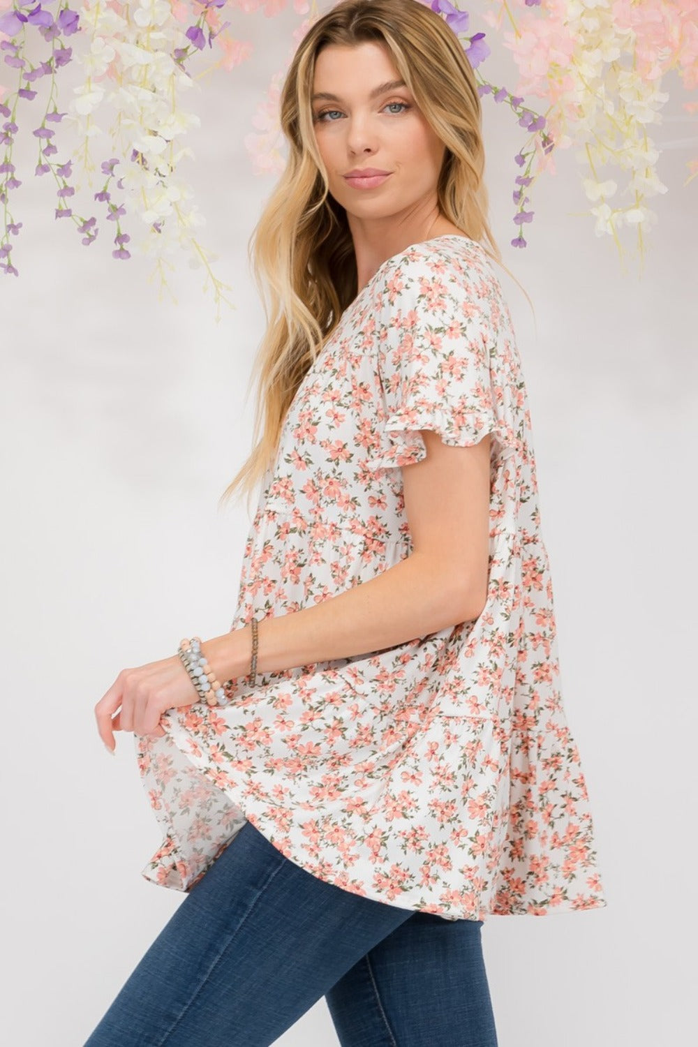 Celeste Full Size Floral Ruffled Short Sleeve Blouse - Affirmation Apparel Co.