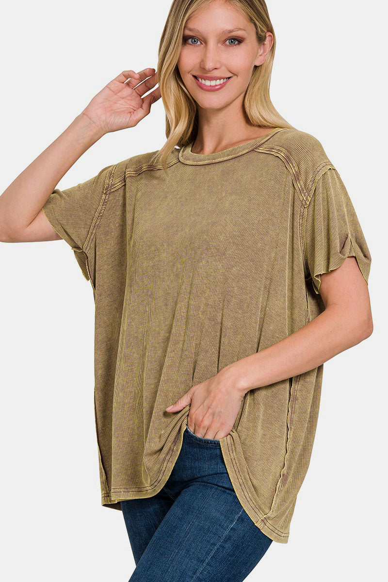 Zenana Washed Ribbed Short Sleeve Top - Affirmation Apparel Co.