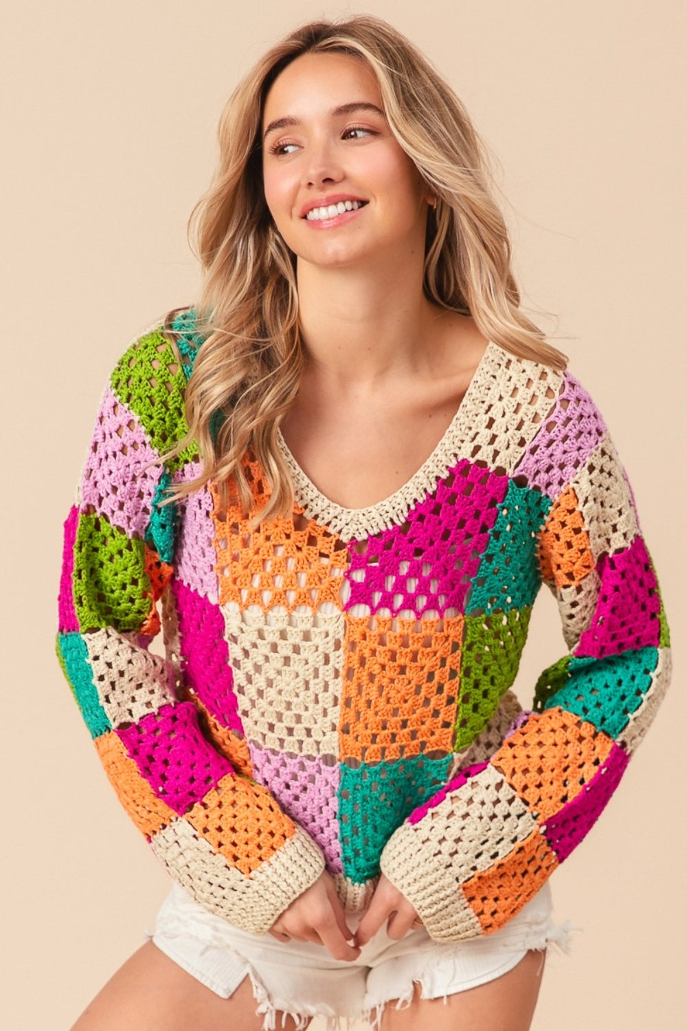 BiBi Multi Color Checkered Long Sleeve Knit Top - Affirmation Apparel Co.