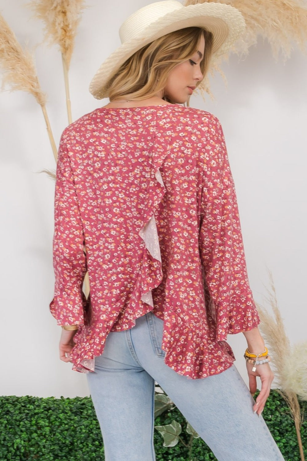 Celeste Full Size Floral Ruffle Detail Top - Affirmation Apparel Co.