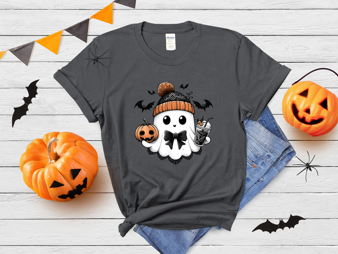 Cute Ghost - Bow and Coffee - Halloween Graphic Tee - Affirmation Apparel Co.