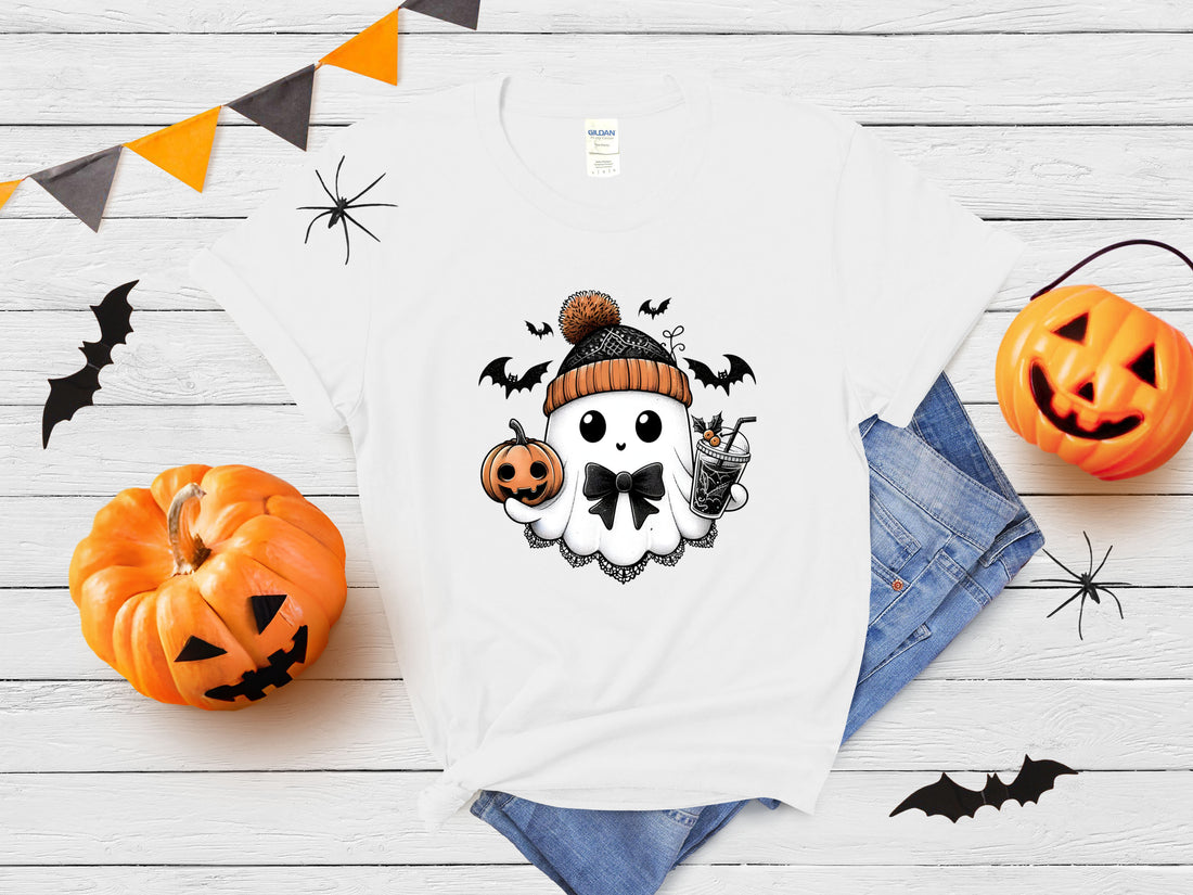 Cute Ghost - Bow and Coffee - Halloween Graphic Tee - Affirmation Apparel Co.