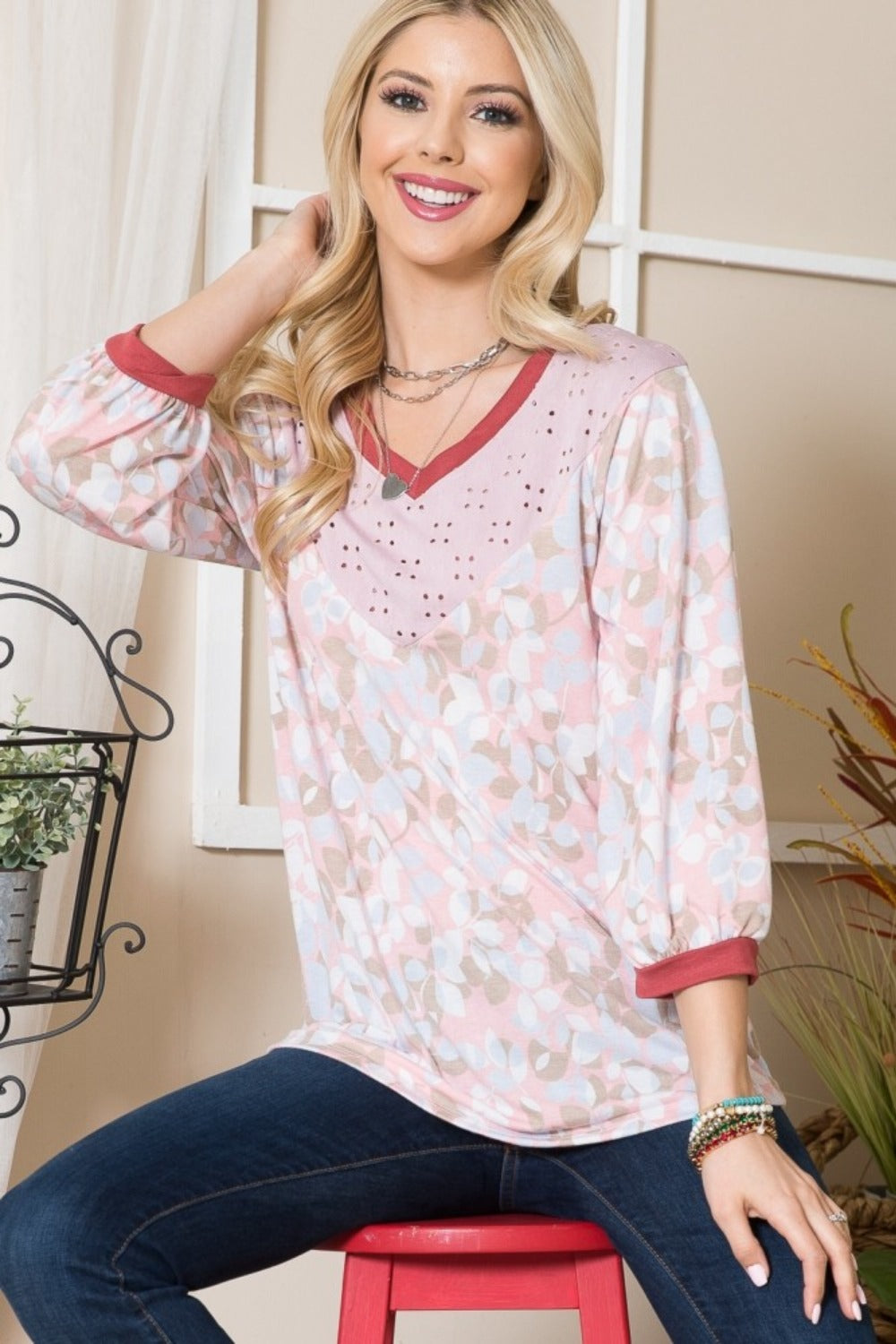 Celeste Full Size Leaf Print Contrast Trim Balloon Sleeve Top - Affirmation Apparel Co.