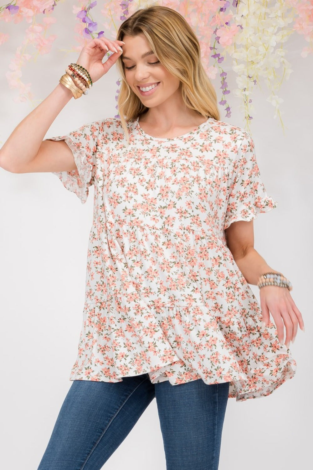 Celeste Full Size Floral Ruffled Short Sleeve Blouse - Affirmation Apparel Co.