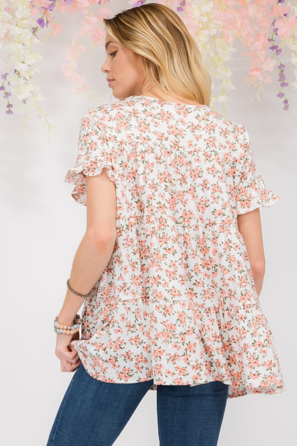 Celeste Full Size Floral Ruffled Short Sleeve Blouse - Affirmation Apparel Co.