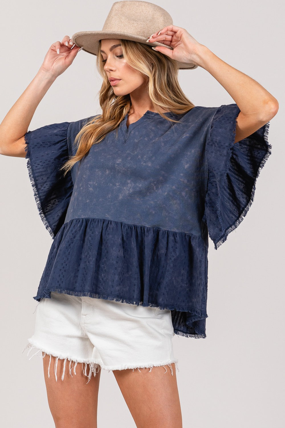 SAGE + FIG Ruffle Sleeve Washed Short Sleeve Blouse - Affirmation Apparel Co.