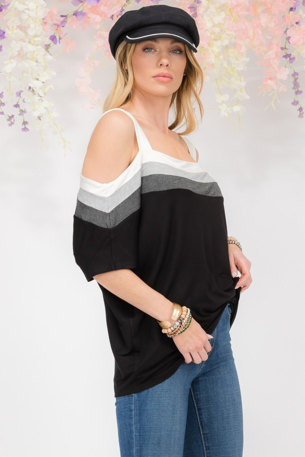 Celeste Full Size Striped Cold Shoulder Top - Affirmation Apparel Co.