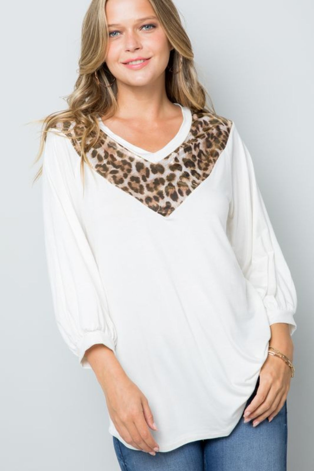 Celeste Full Size Leopard Contrast Balloon Sleeve Top - Affirmation Apparel Co.