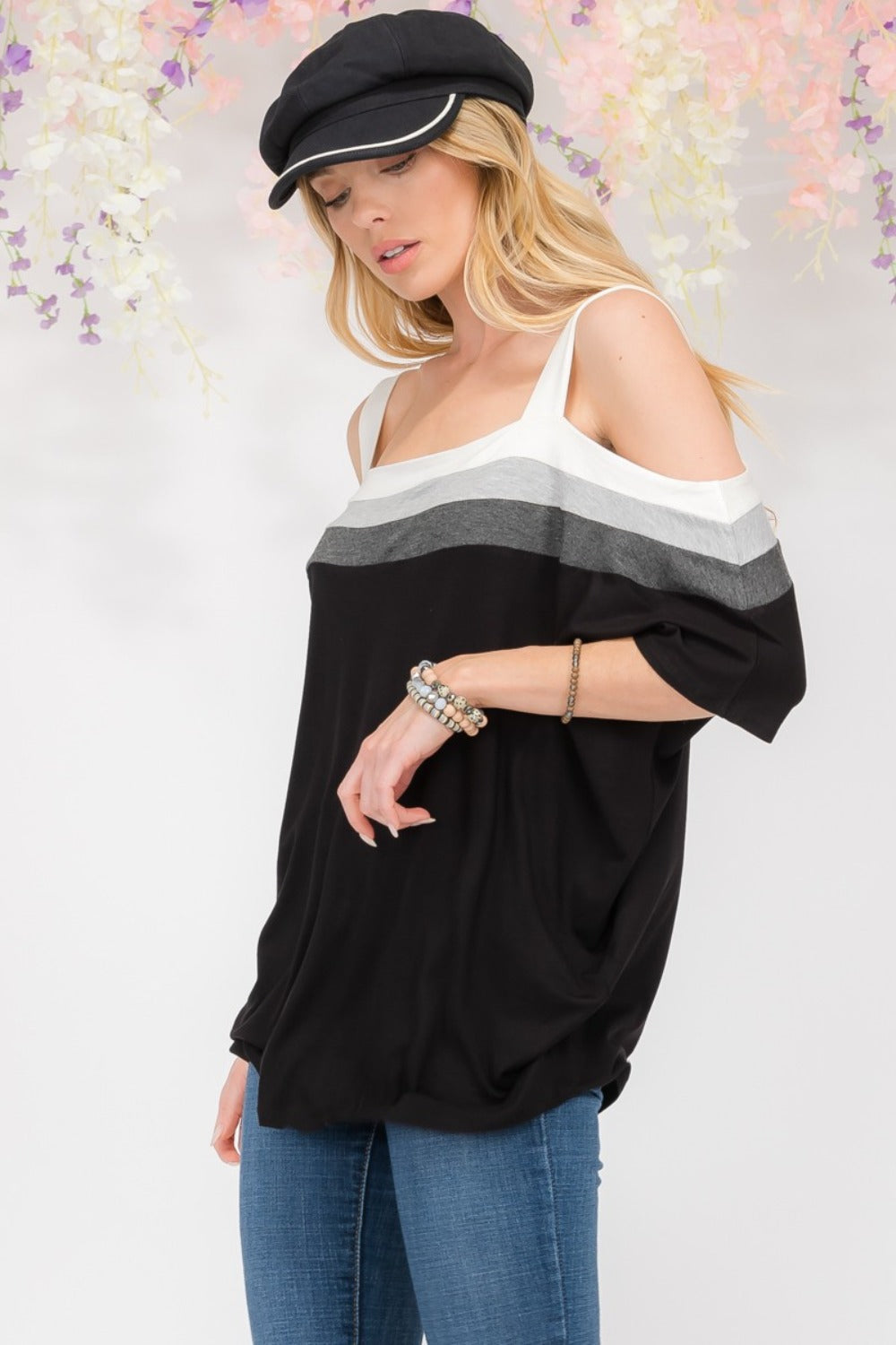 Celeste Full Size Striped Cold Shoulder Top - Affirmation Apparel Co.