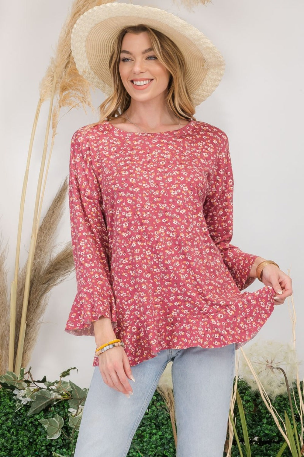 Celeste Full Size Floral Ruffle Detail Top - Affirmation Apparel Co.