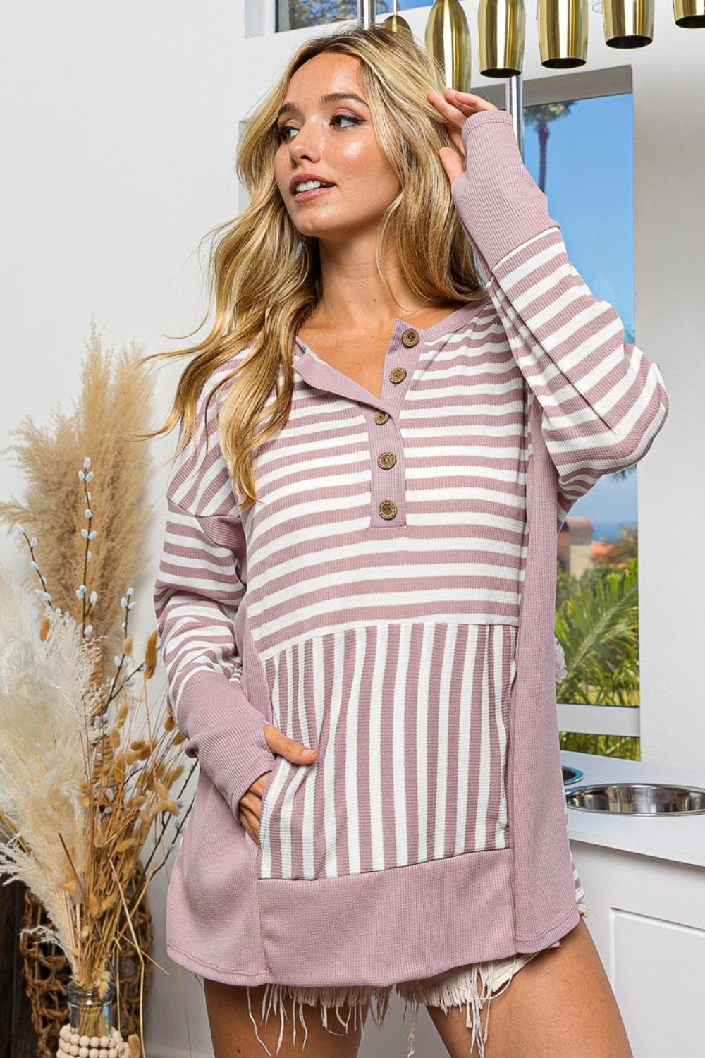 BiBi Striped Thumbhole Long Sleeve Top - Affirmation Apparel Co.