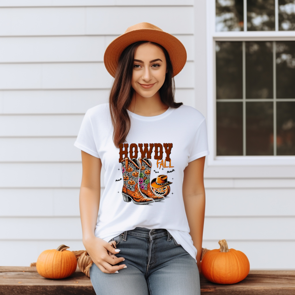 Howdy Fall Top with Cowboy Boots and Pumpkins - Autumn Graphic Tee - Affirmation Apparel Co.