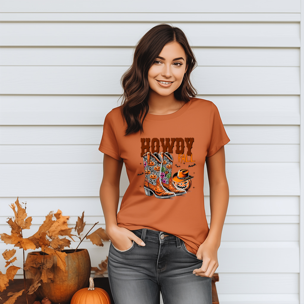 Howdy Fall Top with Cowboy Boots and Pumpkins - Autumn Graphic Tee - Affirmation Apparel Co.