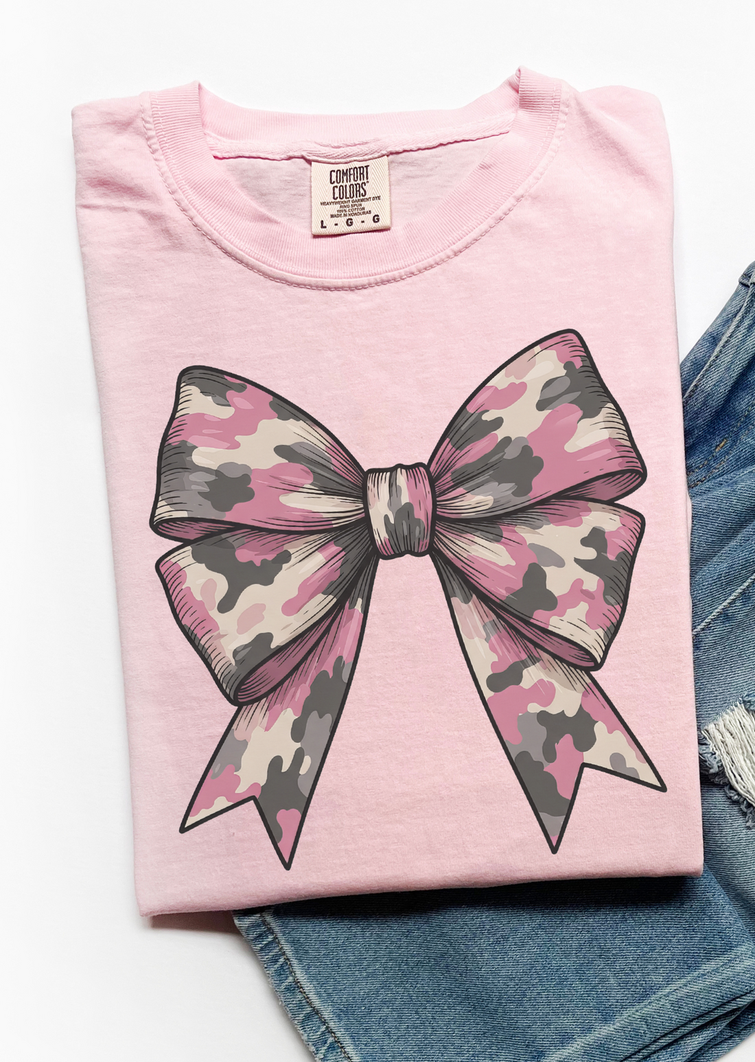 Camo Pink Coquette Bow T-Shirt - Affirmation Apparel Co.